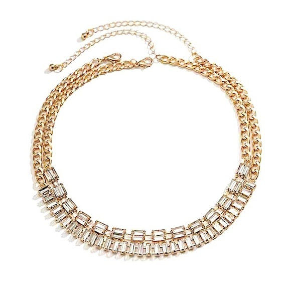 Gold Plated Diamond Baguette Multilayer Choker Necklace - Picture 7 of 8